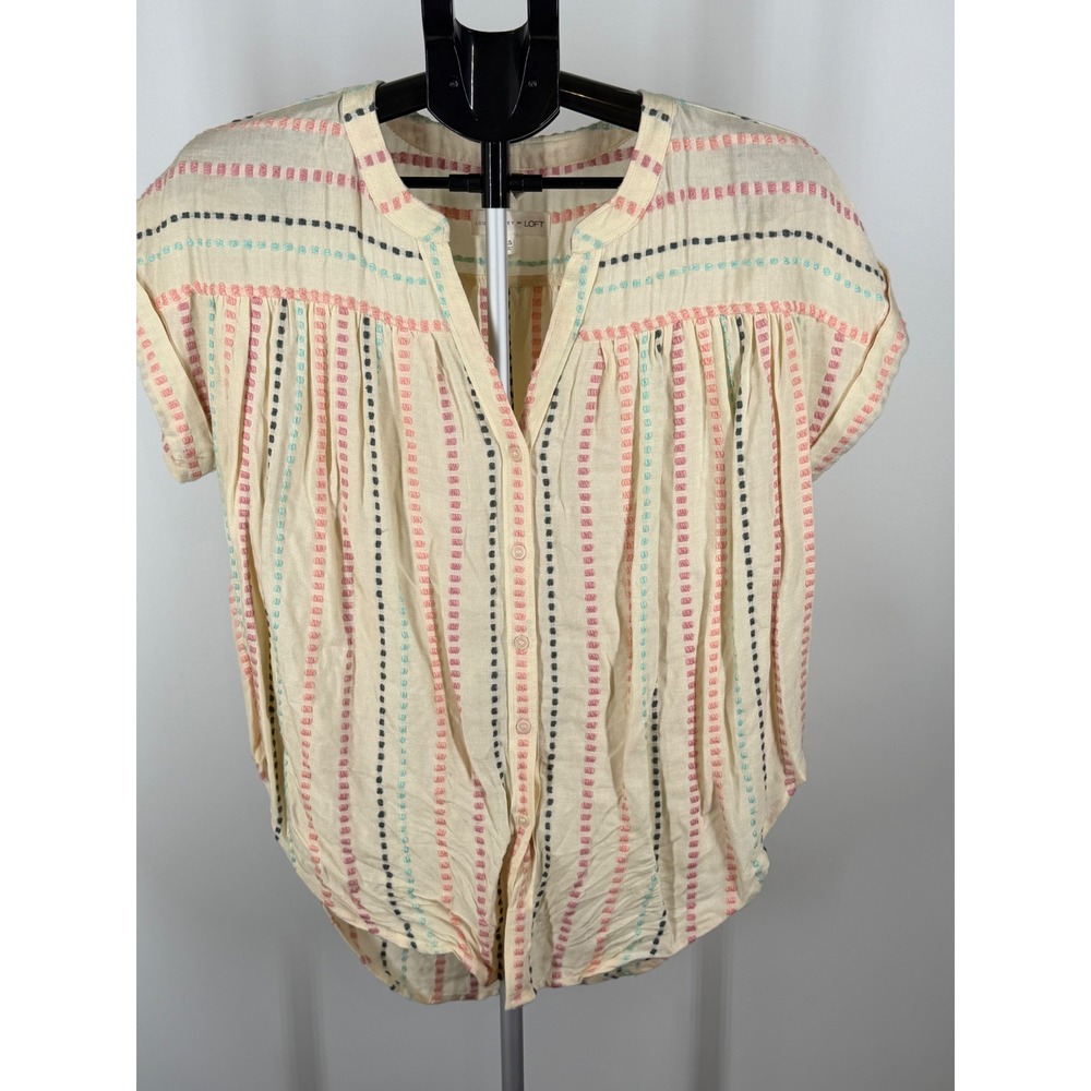 Lou & Grey for LOFT Cream Multi-Color Embroidered Stripe Blouse‎ XS Short Sleeve